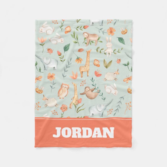 Cute Teal Baby Animal Pastel Pattern Fleece Blanket (Front)