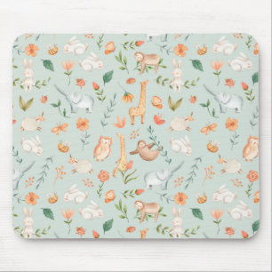 Cute Teal Baby Animal Pastel Pattern Mouse Pad