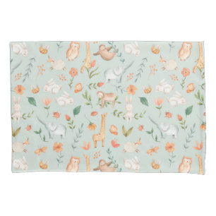 Cute Teal Baby Animal Pastel Pattern Pillowcase