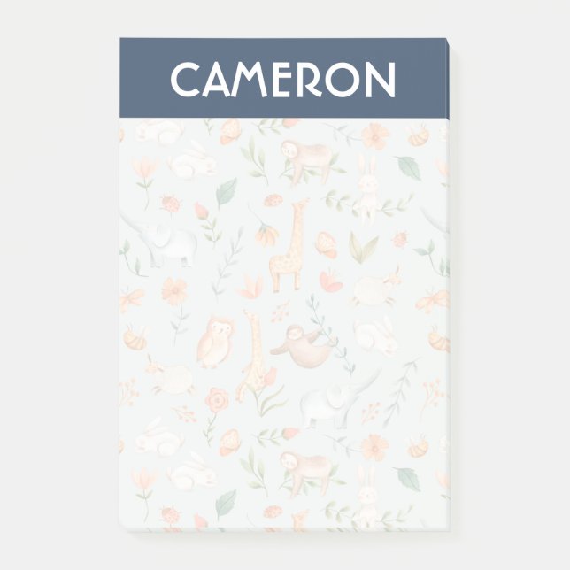 Cute Teal Baby Animal Pastel Pattern Post-it Notes (Front)