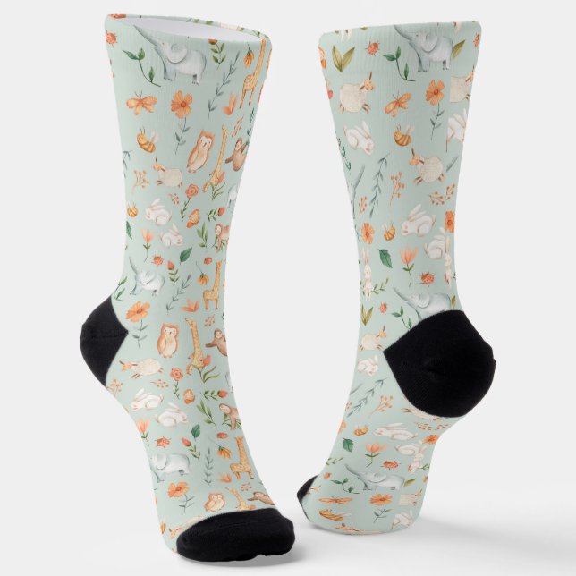 Cute Teal Baby Animal Pastel Pattern Socks (Angled)