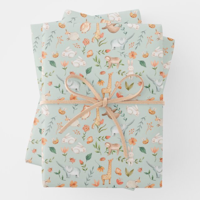 Cute Teal Baby Animal Pastel Pattern Wrapping Paper Sheet (In situ)