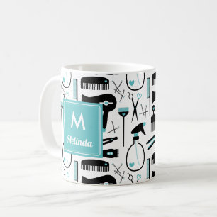 Cute Teal Black Hair Stylist Pattern Monogram Coffee Mug