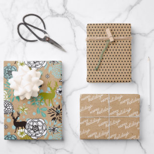 Cute Teal Blue Green Floral And Deer Art Pattern Wrapping Paper Sheet