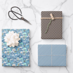 Cute Teal Blue Green Winter Season Snowy Landscape Wrapping Paper Sheet