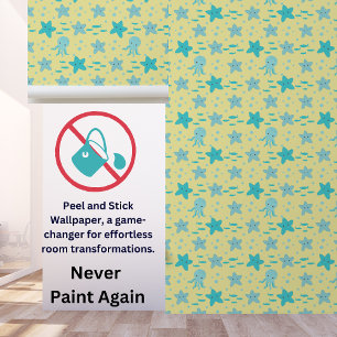 Cute Teal Blue Yellow Kids Nautical Starfish Squid Wallpaper