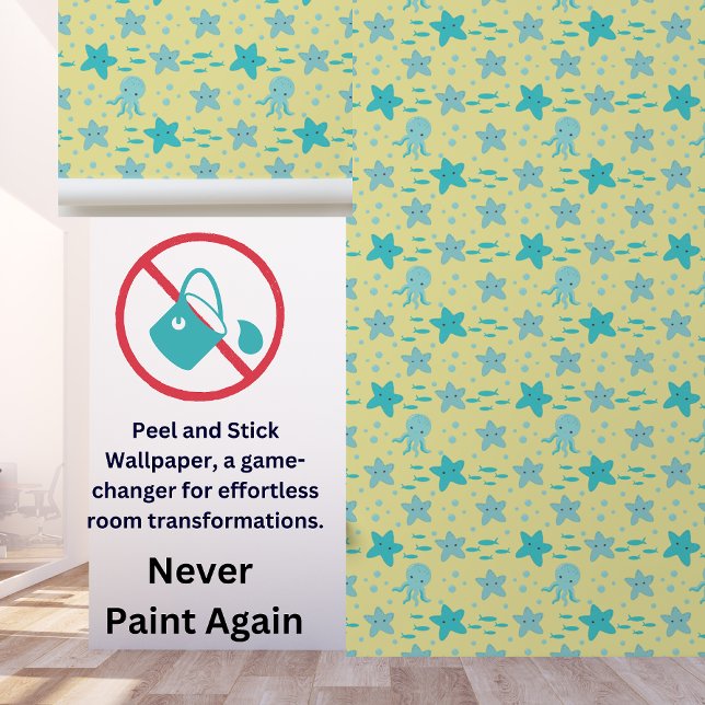 Cute Teal Blue Yellow Kids Nautical Starfish Squid Wallpaper (Creator Uploaded)