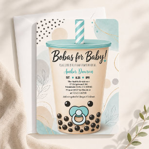Cute Teal Boba Baby Shower Little Pearl Bubble Tea Invitation