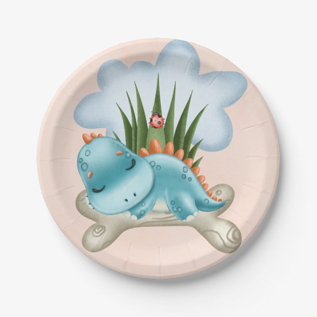 Cute Teal Burnt Orange Dinosaur Baby Shower Paper Plate (Front)