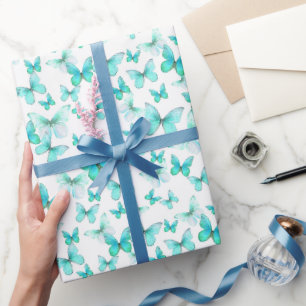 Cute Teal Butterflies Pattern Pastel Wrapping Paper