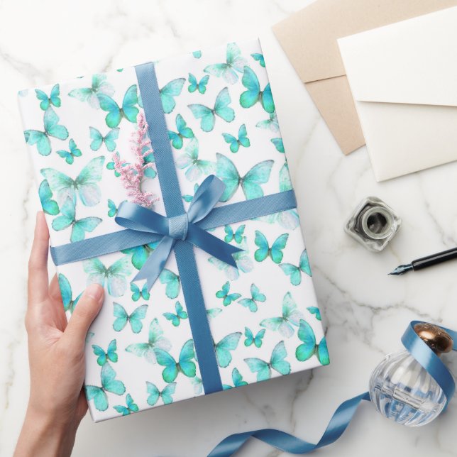 Cute Teal Butterflies Pattern Pastel Wrapping Paper (Gifting)