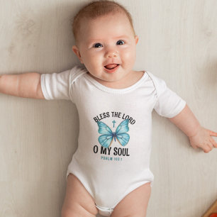 Cute Teal Butterfly Christian Bible Verse Baby Bodysuit