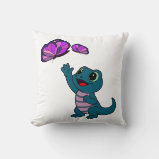 Cute Teal Cartoon Lizard Reaching for Butterflies Cushion