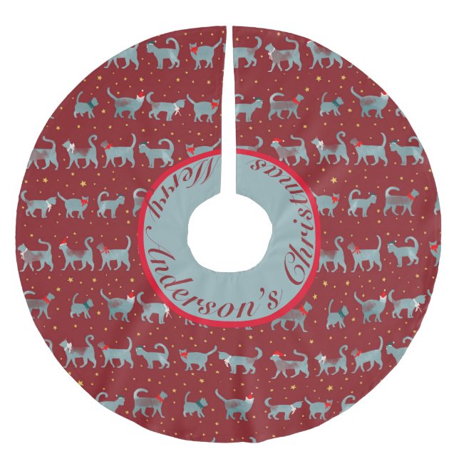 Cute Teal Cat Silhouettes in Christmas Personalise Brushed Polyester Tree Skirt (Front)