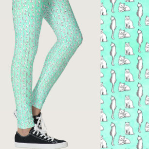 Cute Teal Cats Whimsical Patterned Leggings