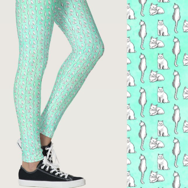 Cute Teal Cats Whimsical Patterned Leggings (Creator Uploaded)