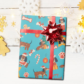 Cute Teal Christmas Dachshund Merry Woofmas Wrapping Paper