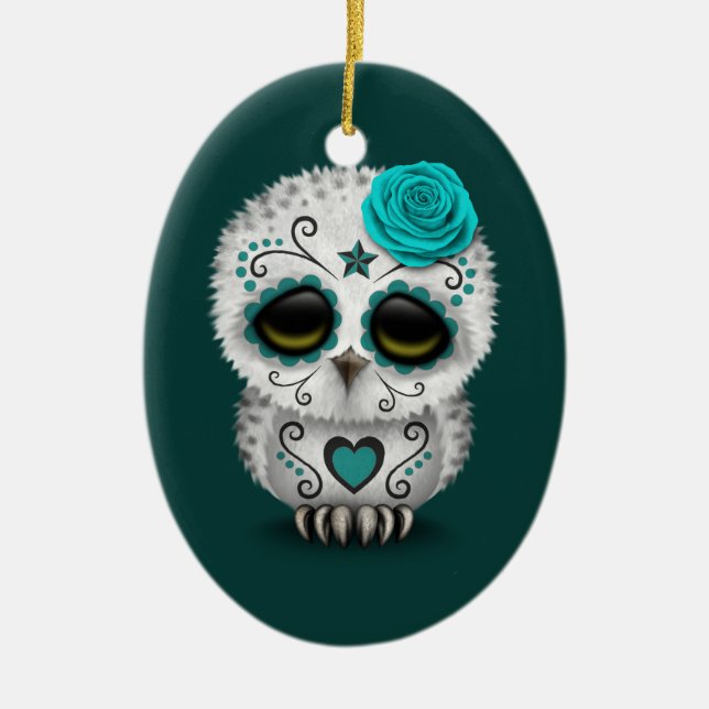 Cute Teal Day of the Dead Sugar Skull Owl Ceramic Ornament (Front)