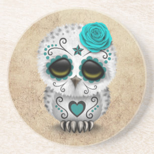 Cute Teal Day of the Dead Sugar Skull Owl Rough Coaster