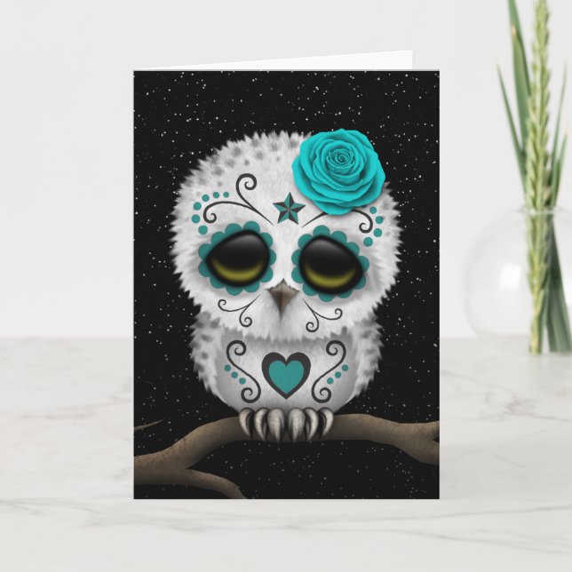 Cute Teal Day of the Dead Sugar Skull Owl Stars Card (Front)