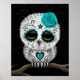 Cute Teal Day of the Dead Sugar Skull Owl Stars Poster