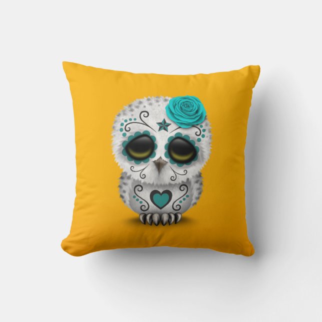 Cute Teal Day of the Dead Sugar Skull Owl Yellow Cushion (Front)