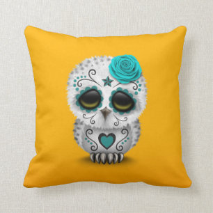 Cute Teal Day of the Dead Sugar Skull Owl Yellow Cushion