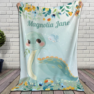 Cute Teal Dinosaur Blanket with Blush Flowers