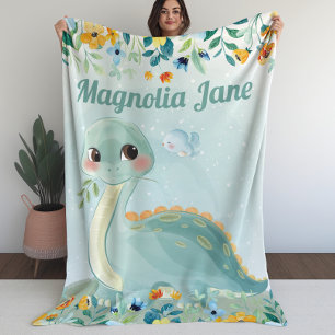 Cute Teal Dinosaur Kids Blanket with Blush Flowers