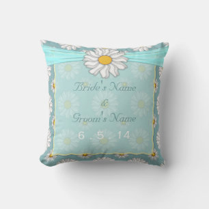 Cute Teal Floral Daisy Wedding Cushion