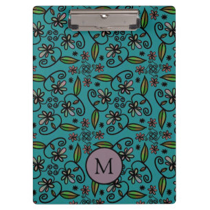 Cute Teal Floral Pattern Monogram Clipboard