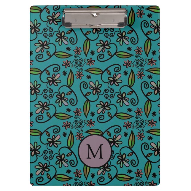 Cute Teal Floral Pattern Monogram Clipboard (Front)