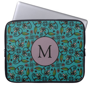 Cute Teal Floral Pattern Monogram Laptop Sleeve