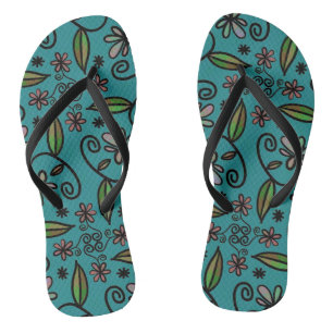 Cute Teal Floral Pattern Thongs