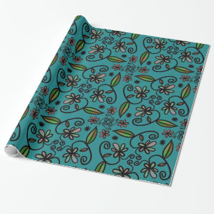 Cute Teal Floral Pattern Wrapping Paper