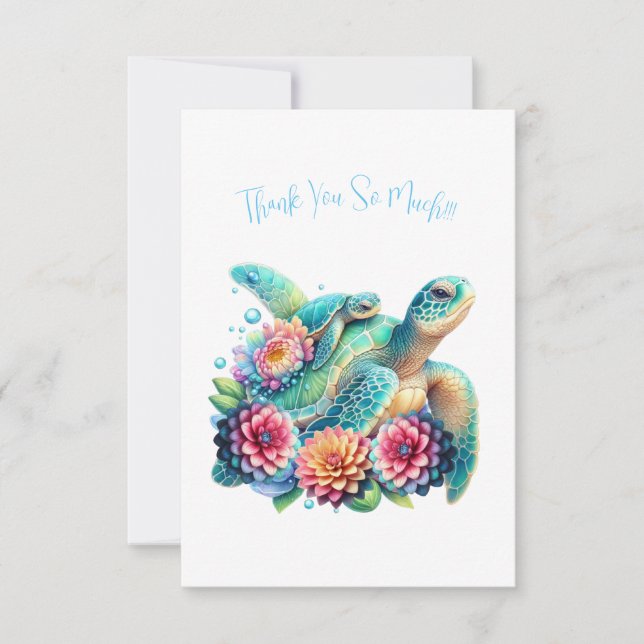 Cute Teal Floral Turtle Thank You Note Card (Front)