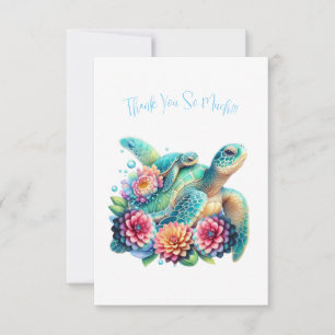 Cute Teal Floral Turtle Thank You Note Card