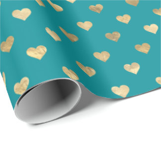 Cute Teal Gold Hearts Pattern Wrapping Paper