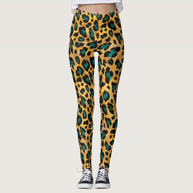 Cute Teal/Gold Leopard Print Leggings (Front)