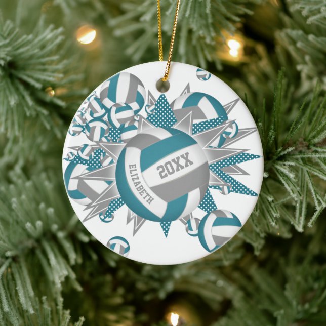 cute teal grey volleyball blowout girls sports ceramic ornament (Tree)