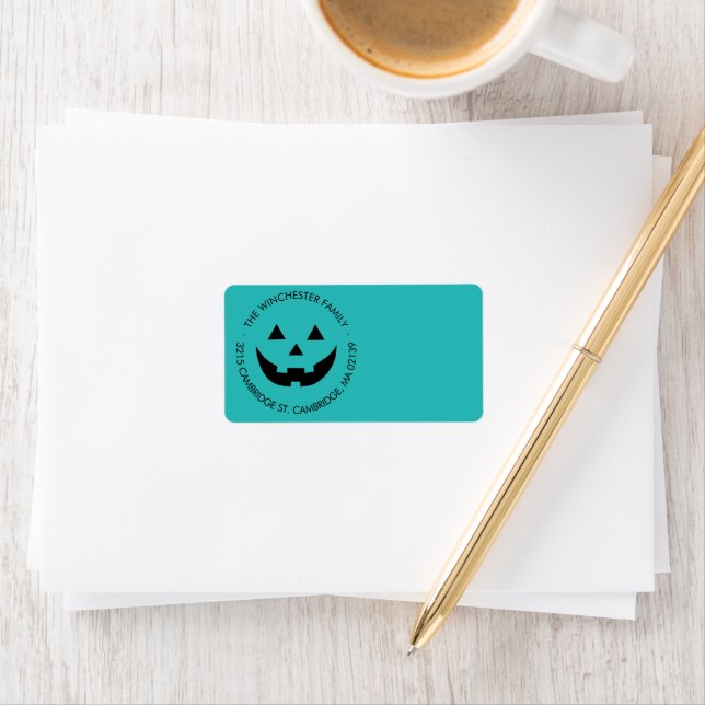 Cute teal jack o lantern custom Halloween Label (Insitu)
