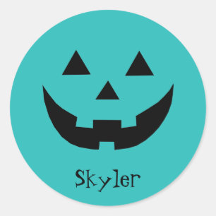 Cute teal Jack o lantern custom name Halloween Classic Round Sticker