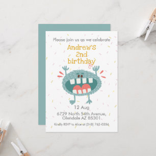 Cute Teal Monster Birthday Invitation