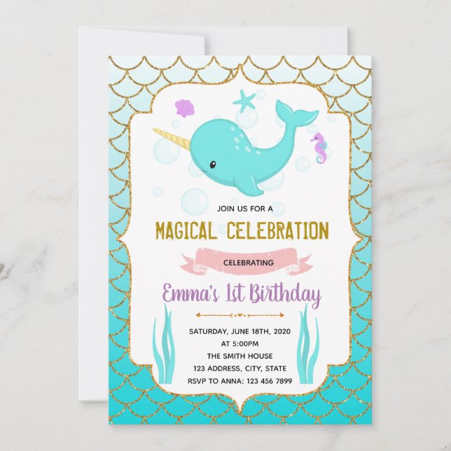 Cute teal narwhal theme invitation (Front)