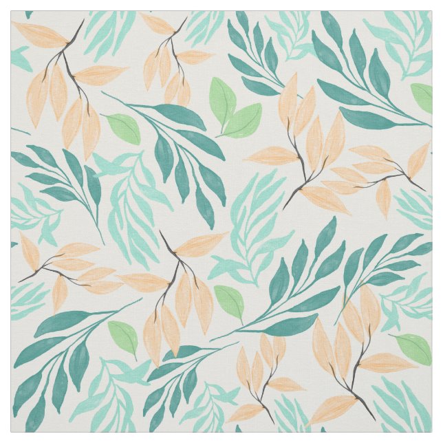 Cute Teal Orange Foliage Watercolor Paint Fabric (Swatch)