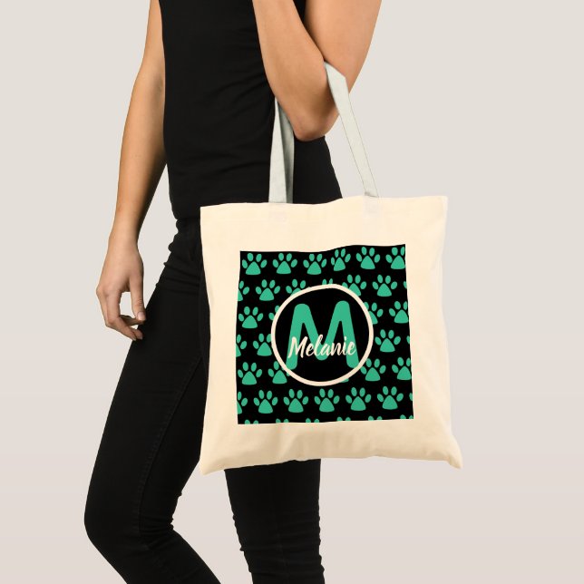 Cute Teal Pawprint Monogram Script  Tote Bag (Front (Product))