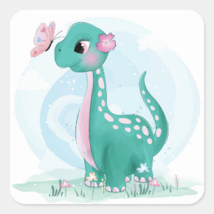 Cute Teal Pink Dinosaur Butterfly Girl Baby Shower Square Sticker