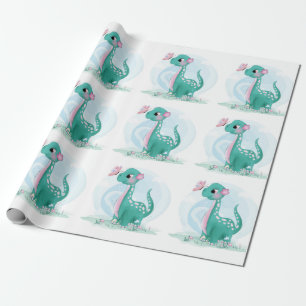 Cute Teal Pink Dinosaur Butterfly Girl Baby Shower Wrapping Paper