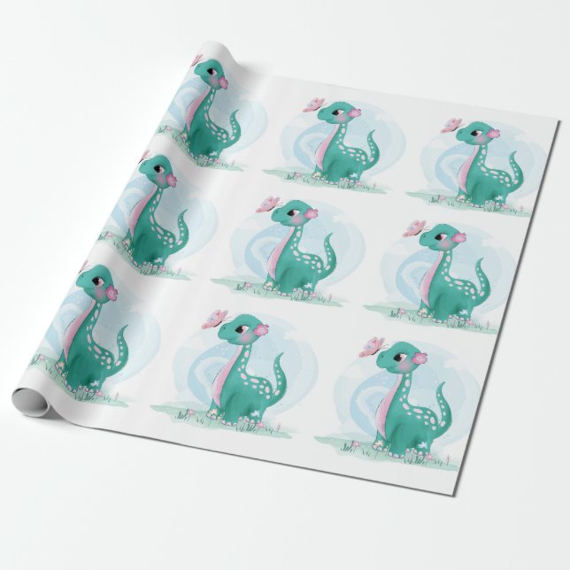 Cute Teal Pink Dinosaur Butterfly Girl Baby Shower Wrapping Paper (Unrolled)