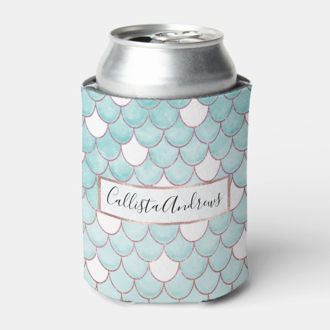 Cute Teal Pink Glitter Watercolor Mermaid Scales Can Cooler (Can Front)